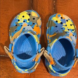 CROCS Kids Camo Sandals - Blue, Yellow, and Orange